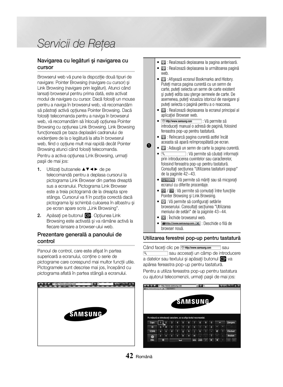 Samsung BD-H6500/EN manual Navigarea cu legături şi navigarea cu cursor, Prezentare generală a panoului de control 