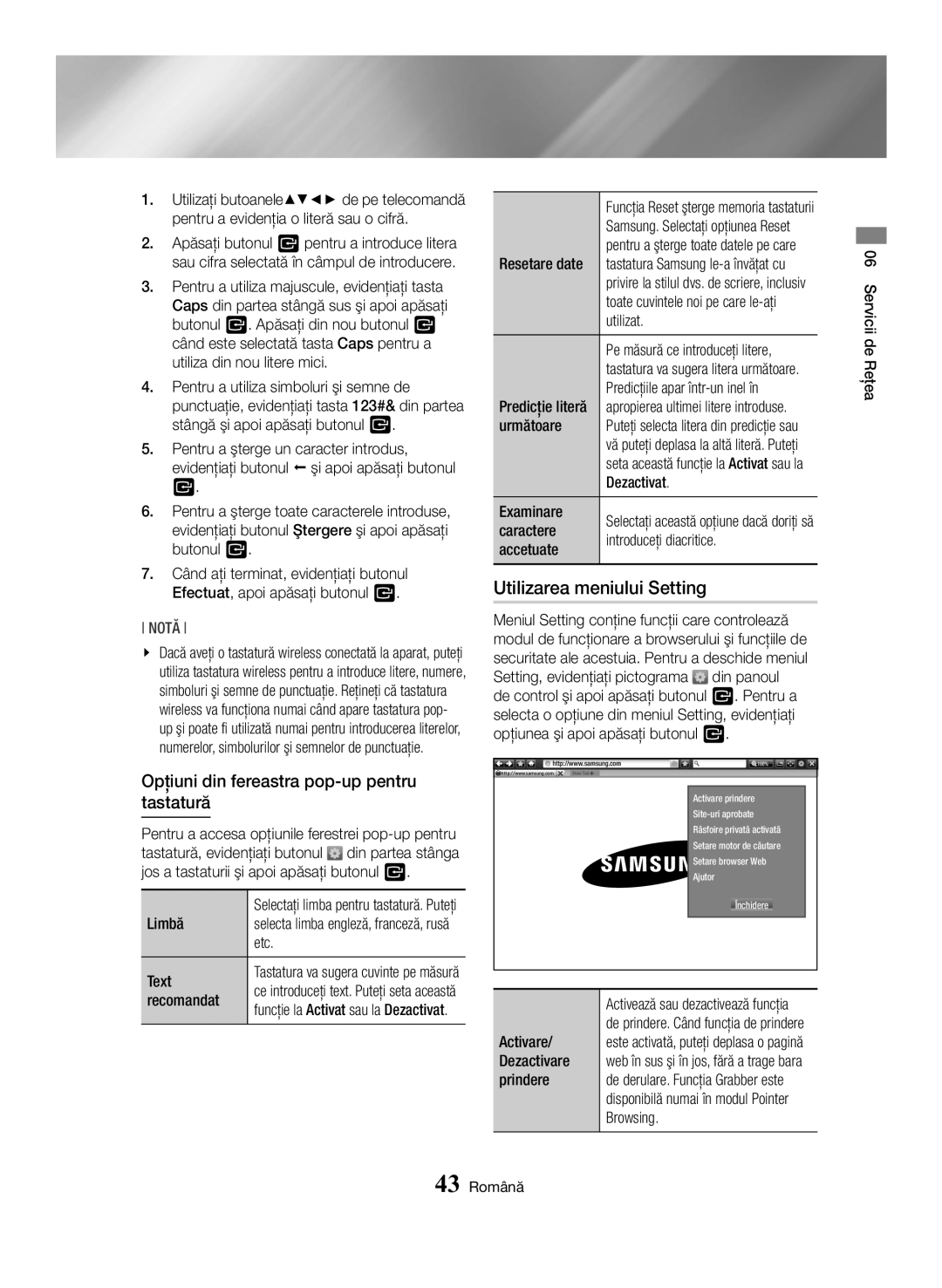 Samsung BD-H6500/EN manual Utilizarea meniului Setting, Opţiuni din fereastra pop-up pentru tastatură 