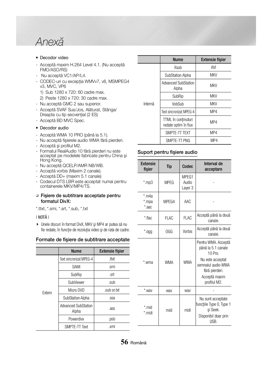 Samsung BD-H6500/EN manual Formate de fişiere de subtitrare acceptate, Suport pentru fişiere audio 