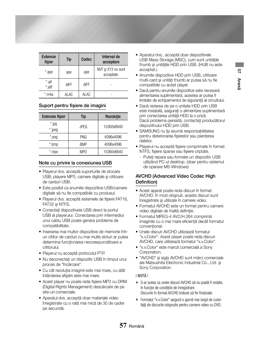 Samsung BD-H6500/EN manual Suport pentru fişiere de imagini, Avchd Advanced Video Codec High Definition, Anexă 57 Română 