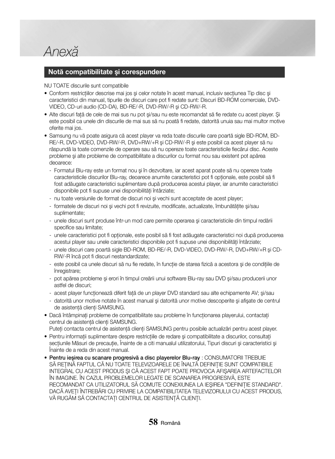 Samsung BD-H6500/EN manual Notă compatibilitate şi corespundere, 58 Română 