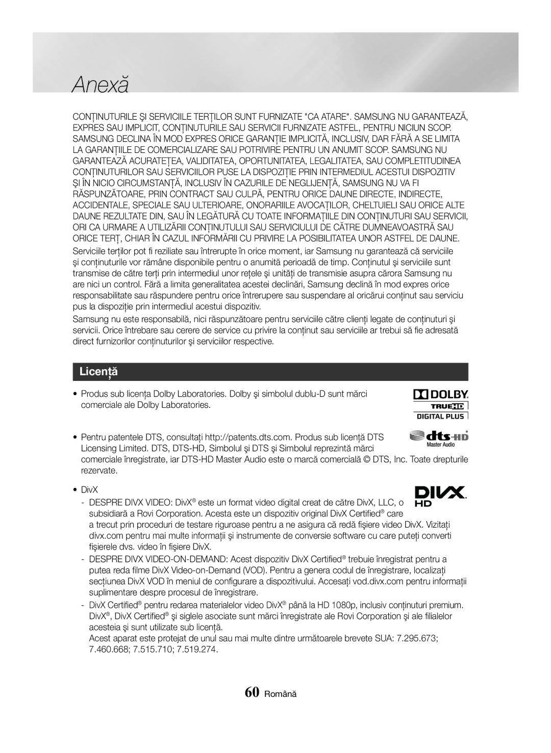 Samsung BD-H6500/EN manual Licenţă, 60 Română 