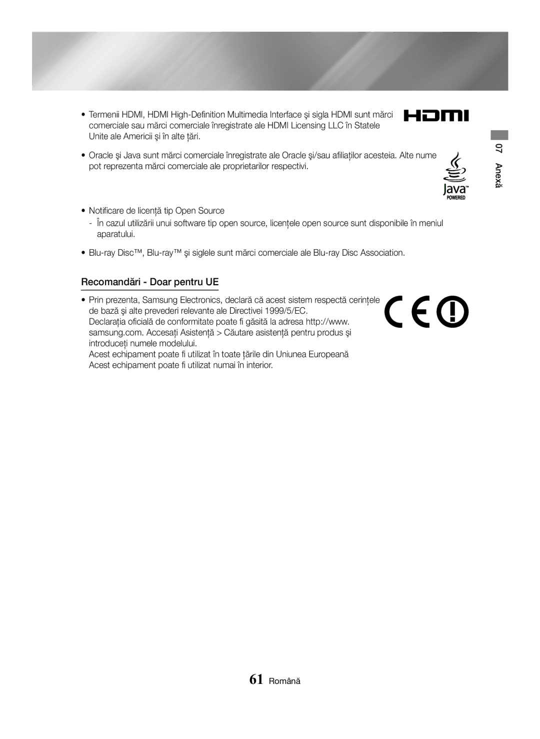 Samsung BD-H6500/EN manual Recomandări Doar pentru UE, Anexă 61 Română 