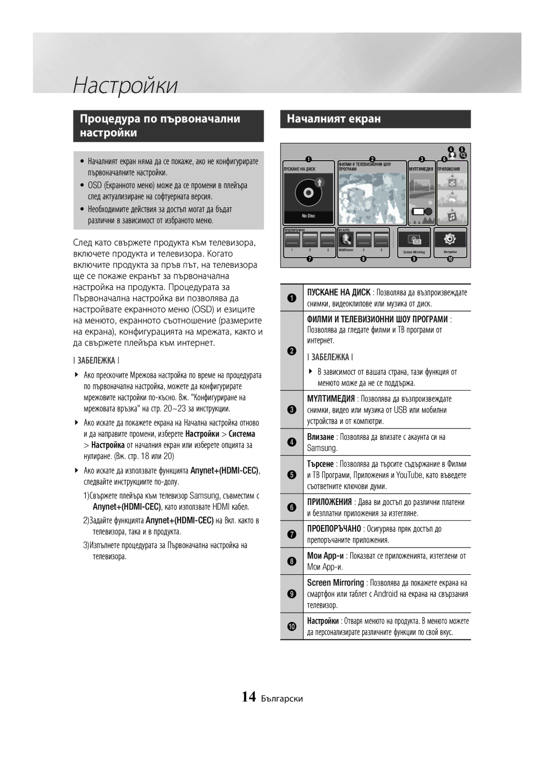 Samsung BD-H6500/EN manual Настройки, Процедура по първоначални настройки, Началният екран 