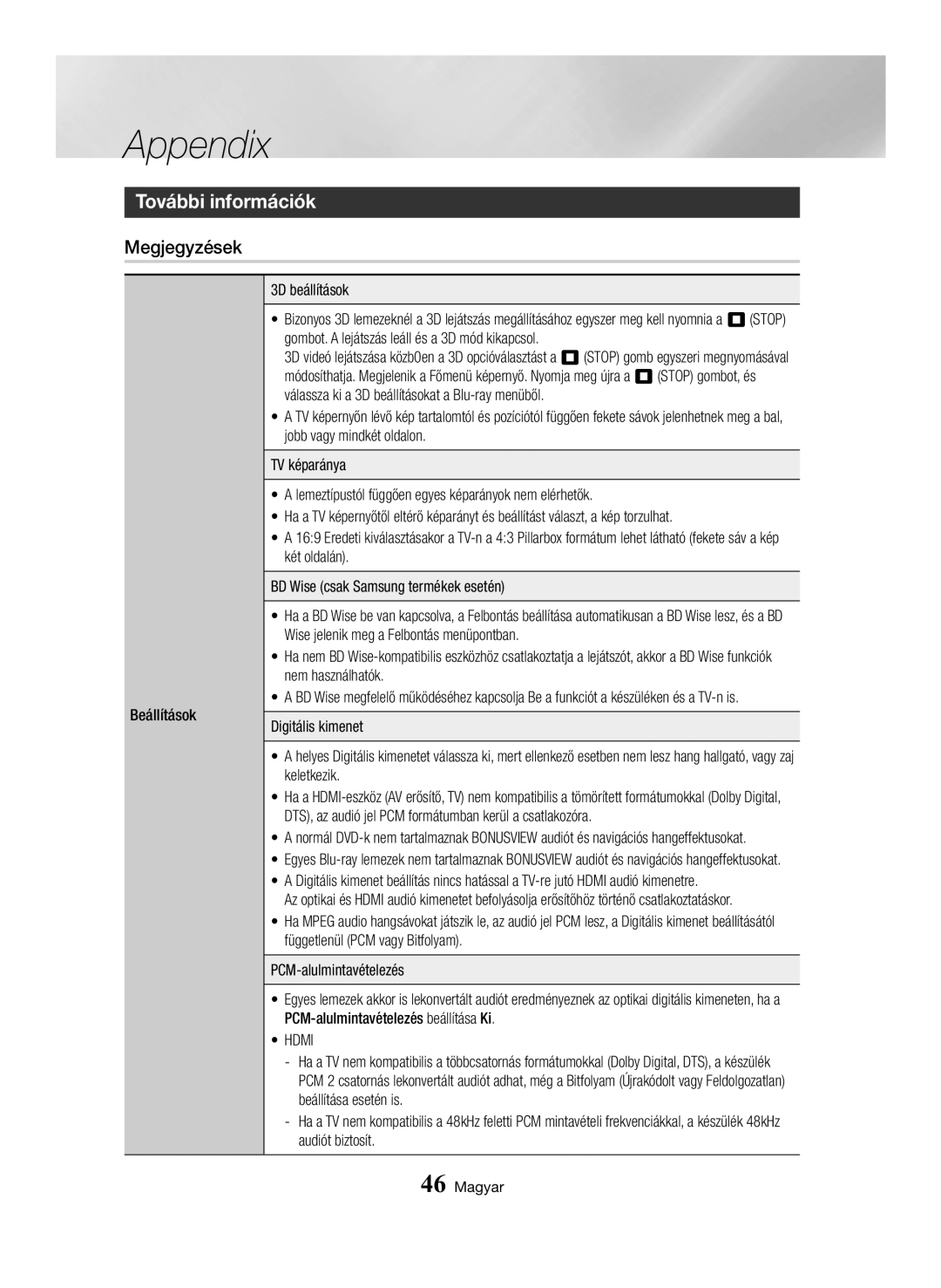 Samsung BD-H6500/EN manual Appendix, További információk, Megjegyzések, Beállítások 3D beállítások 