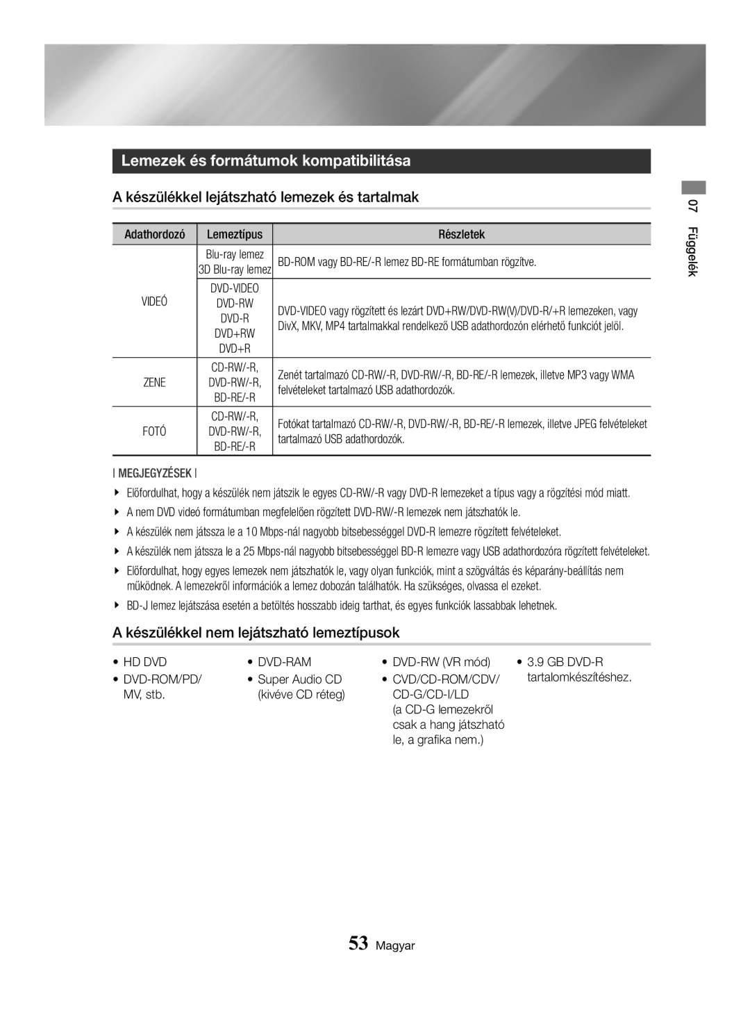 Samsung BD-H6500/EN manual Lemezek és formátumok kompatibilitása, Készülékkel lejátszható lemezek és tartalmak 