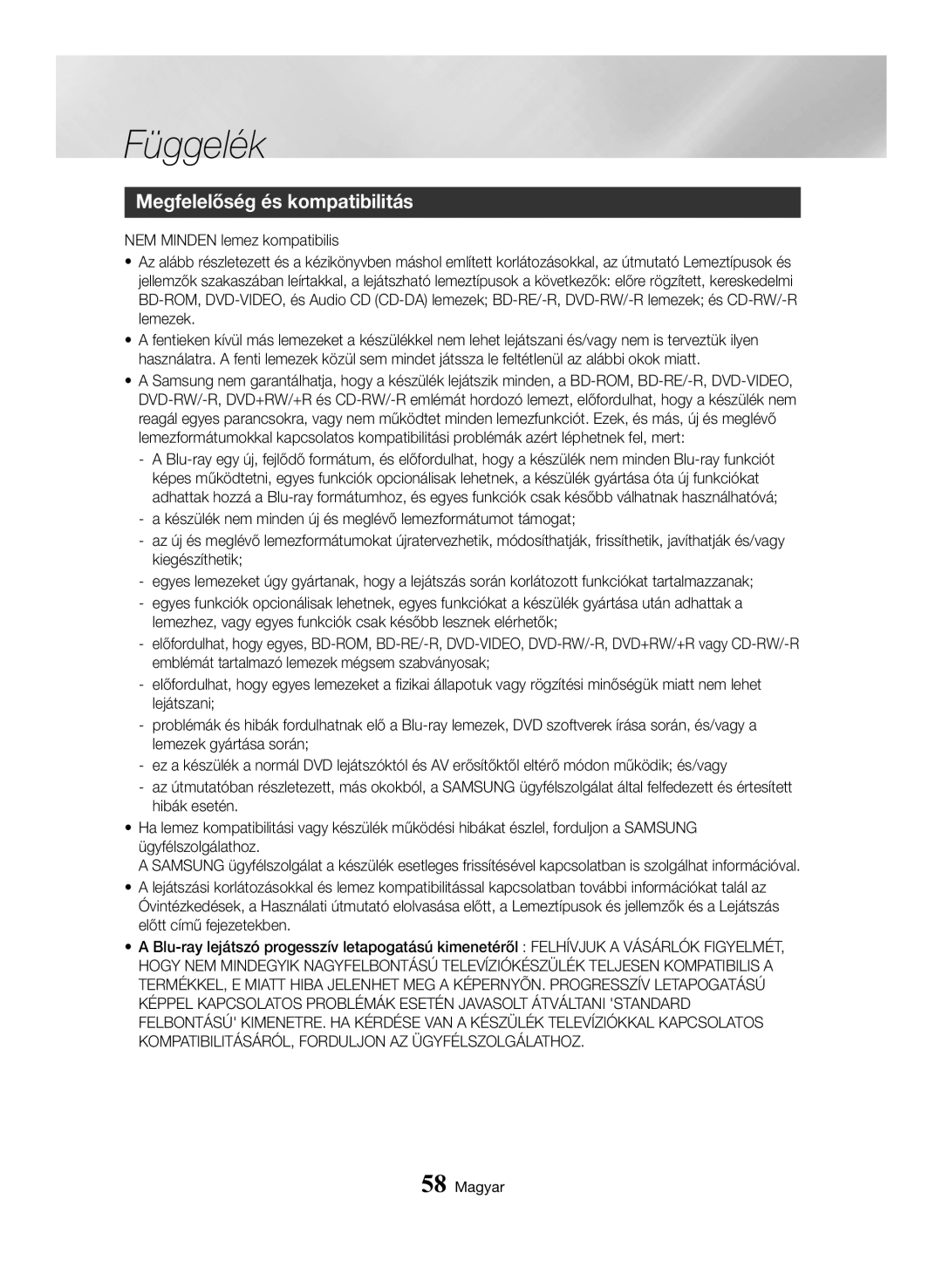 Samsung BD-H6500/EN manual Megfelelőség és kompatibilitás 