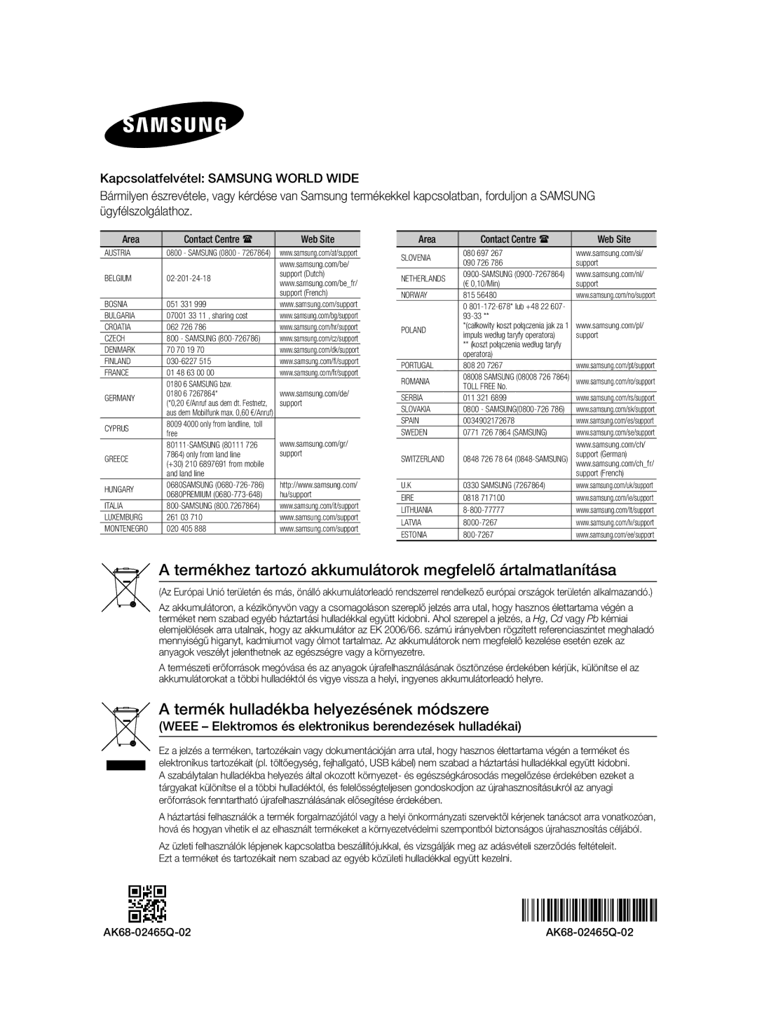 Samsung BD-H6500/EN manual Termékhez tartozó akkumulátorok megfelelő ártalmatlanítása, Area 