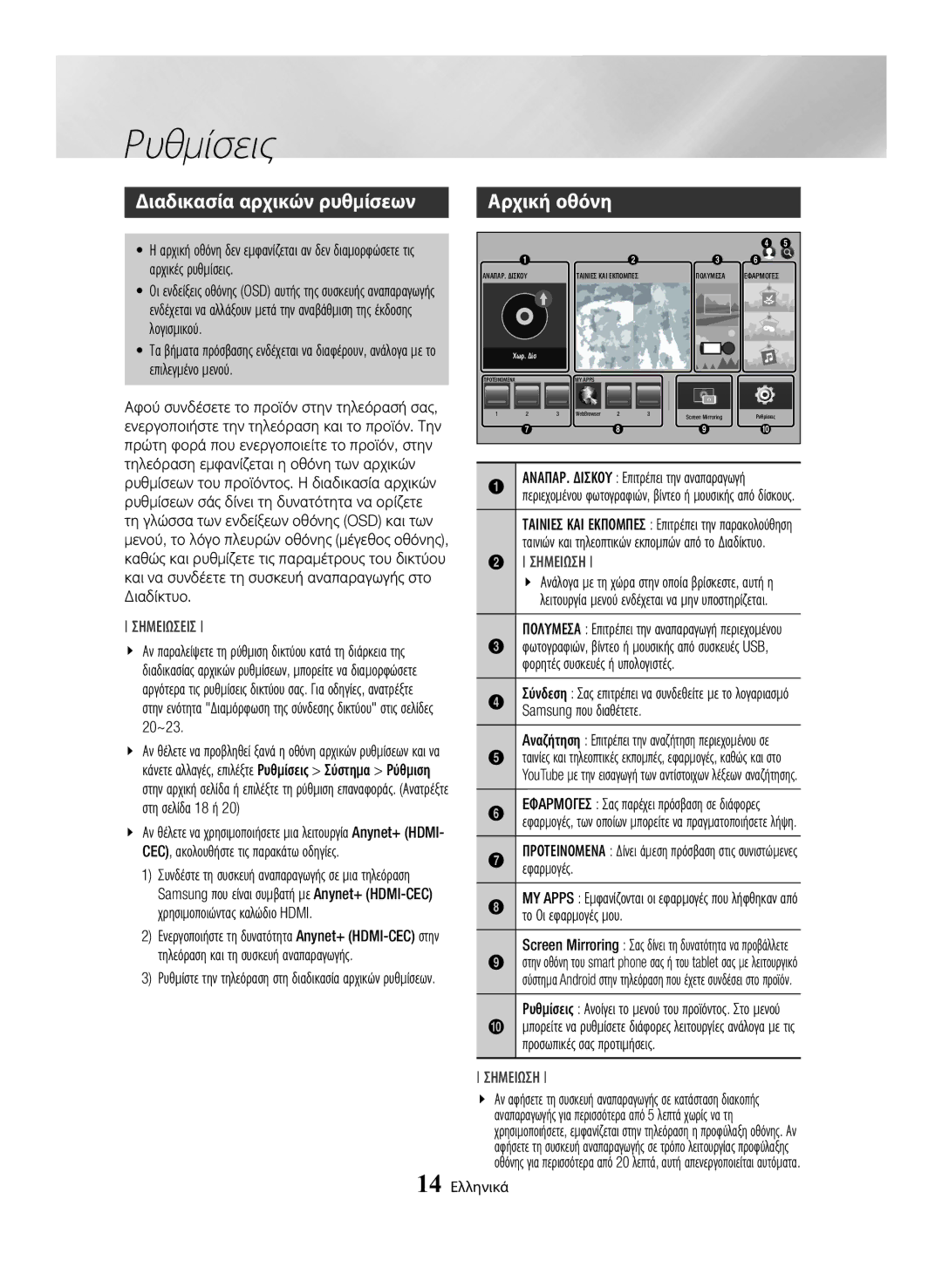 Samsung BD-H6500/EN manual Ρυθμίσεις, Διαδικασία αρχικών ρυθμίσεων 