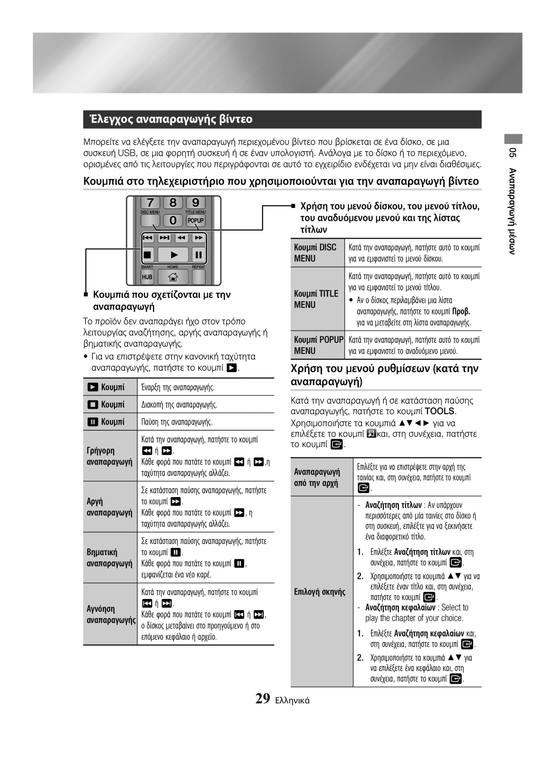 Samsung BD-H6500/EN manual Έλεγχος αναπαραγωγής βίντεο, Χρήση του μενού ρυθμίσεων κατά την αναπαραγωγή, Menu 