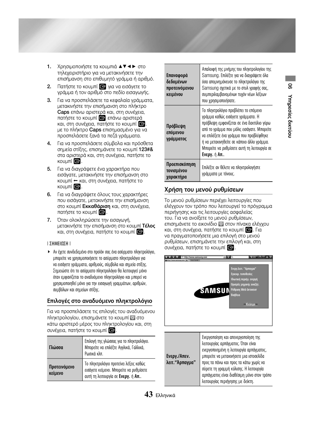 Samsung BD-H6500/EN manual Χρήση του μενού ρυθμίσεων, Επιλογές στο αναδυόμενο πληκτρολόγιο 