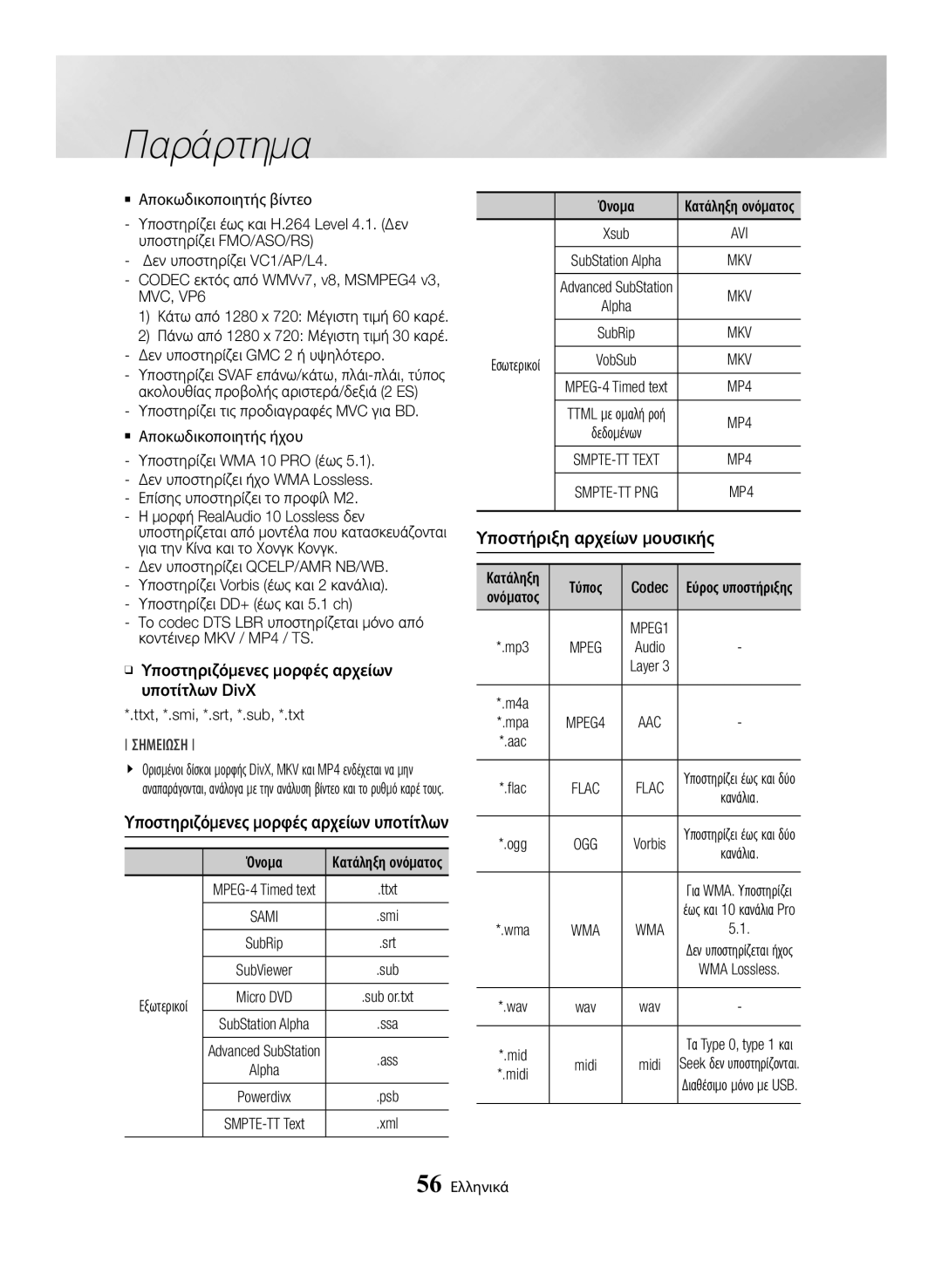 Samsung BD-H6500/EN manual Υποστηριζόμενες μορφές αρχείων υποτίτλων, Υποστήριξη αρχείων μουσικής, 56 Ελληνικά, Εξωτερικοί 