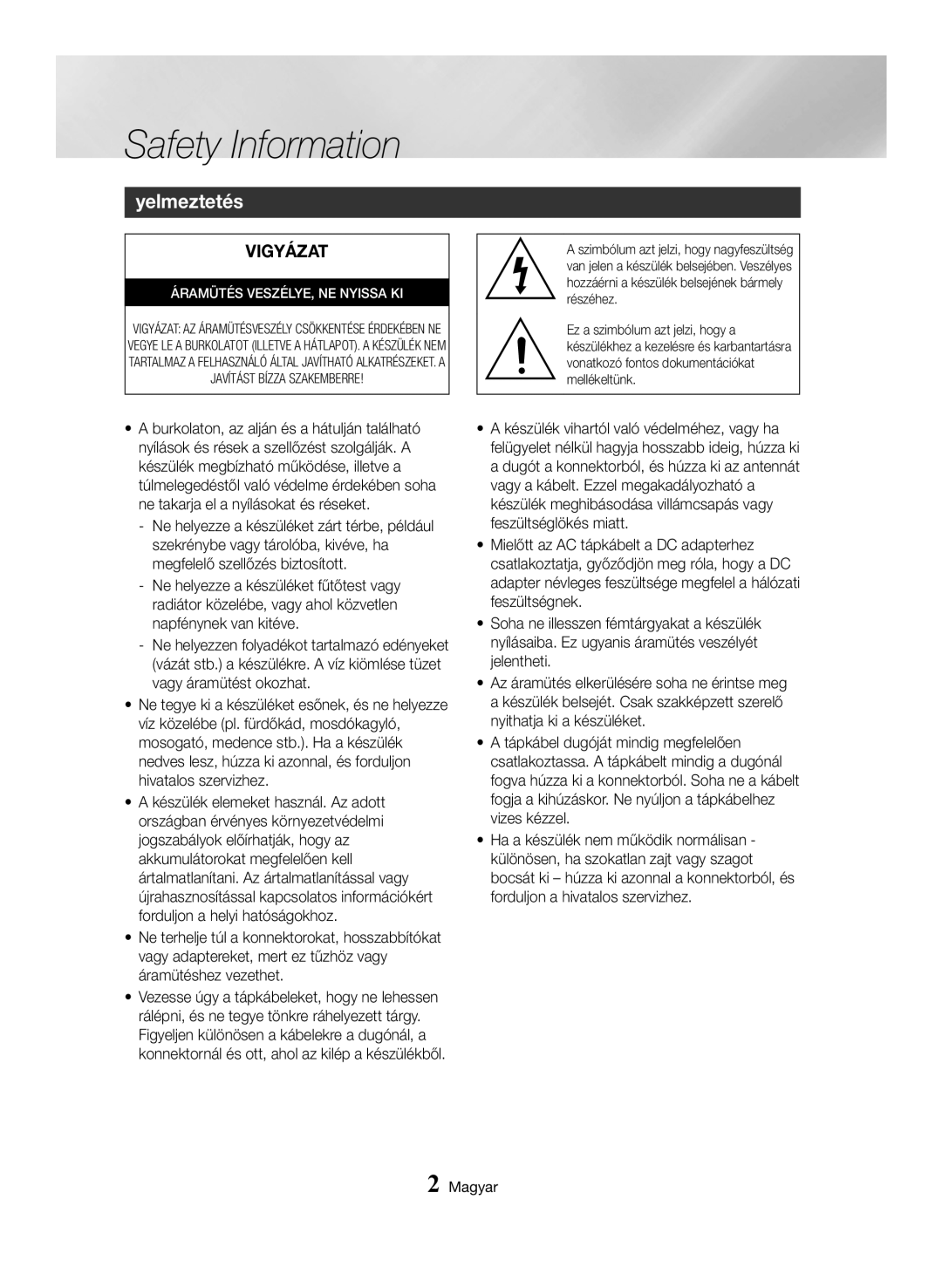 Samsung BD-H6500/EN manual Safety Information, Yelmeztetés 