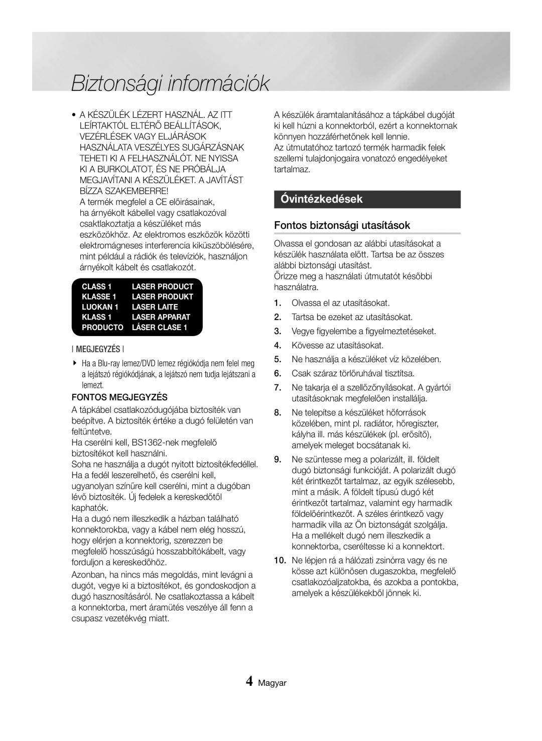 Samsung BD-H6500/EN manual Biztonsági információk, Óvintézkedések, Fontos biztonsági utasítások, Fontos Megjegyzés 