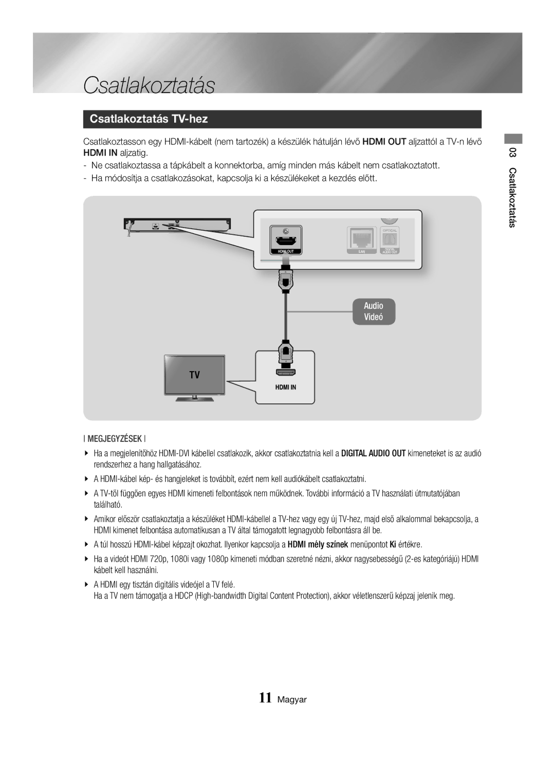 Samsung BD-H6500/EN manual Csatlakoztatás TV-hez, Csatlakoztatás Magyar 