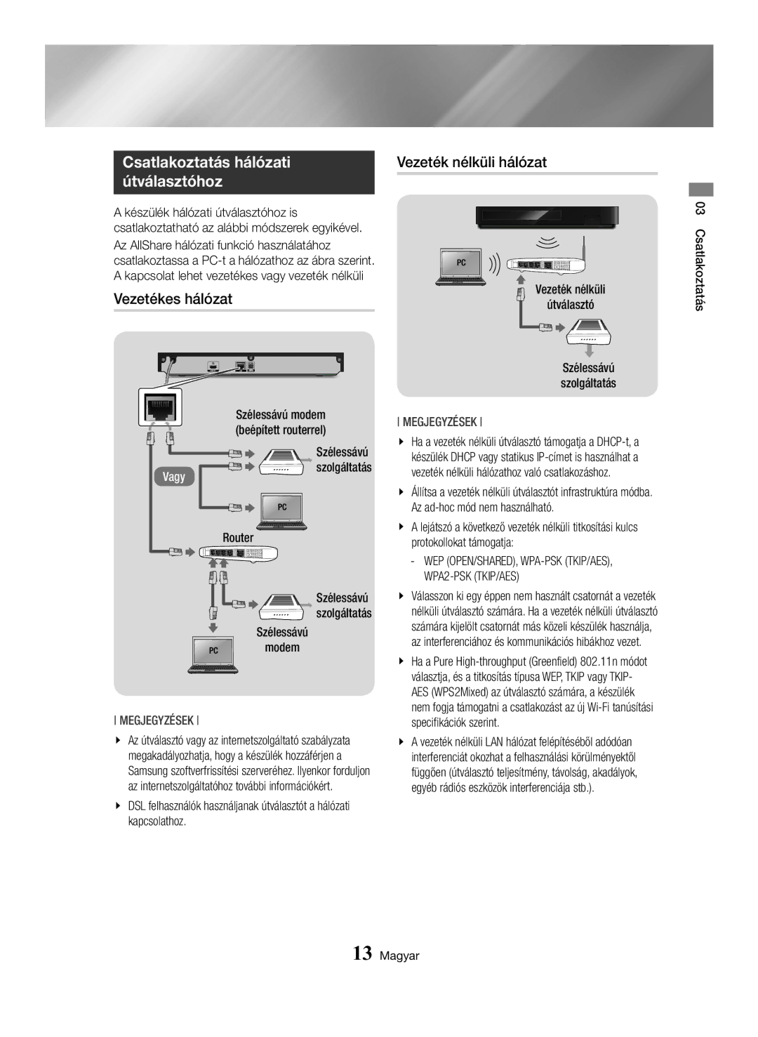 Samsung BD-H6500/EN manual Csatlakoztatás hálózati útválasztóhoz, Vezetékes hálózat, Vezeték nélküli hálózat 