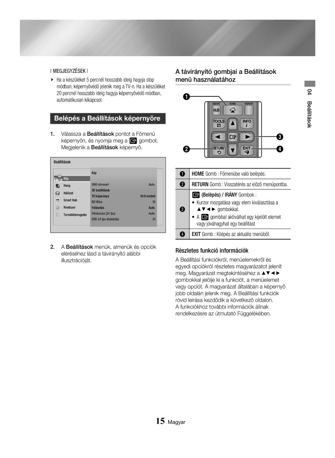 Samsung BD-H6500/EN manual Belépés a Beállítások képernyőre, Távirányító gombjai a Beállítások menü használatához 