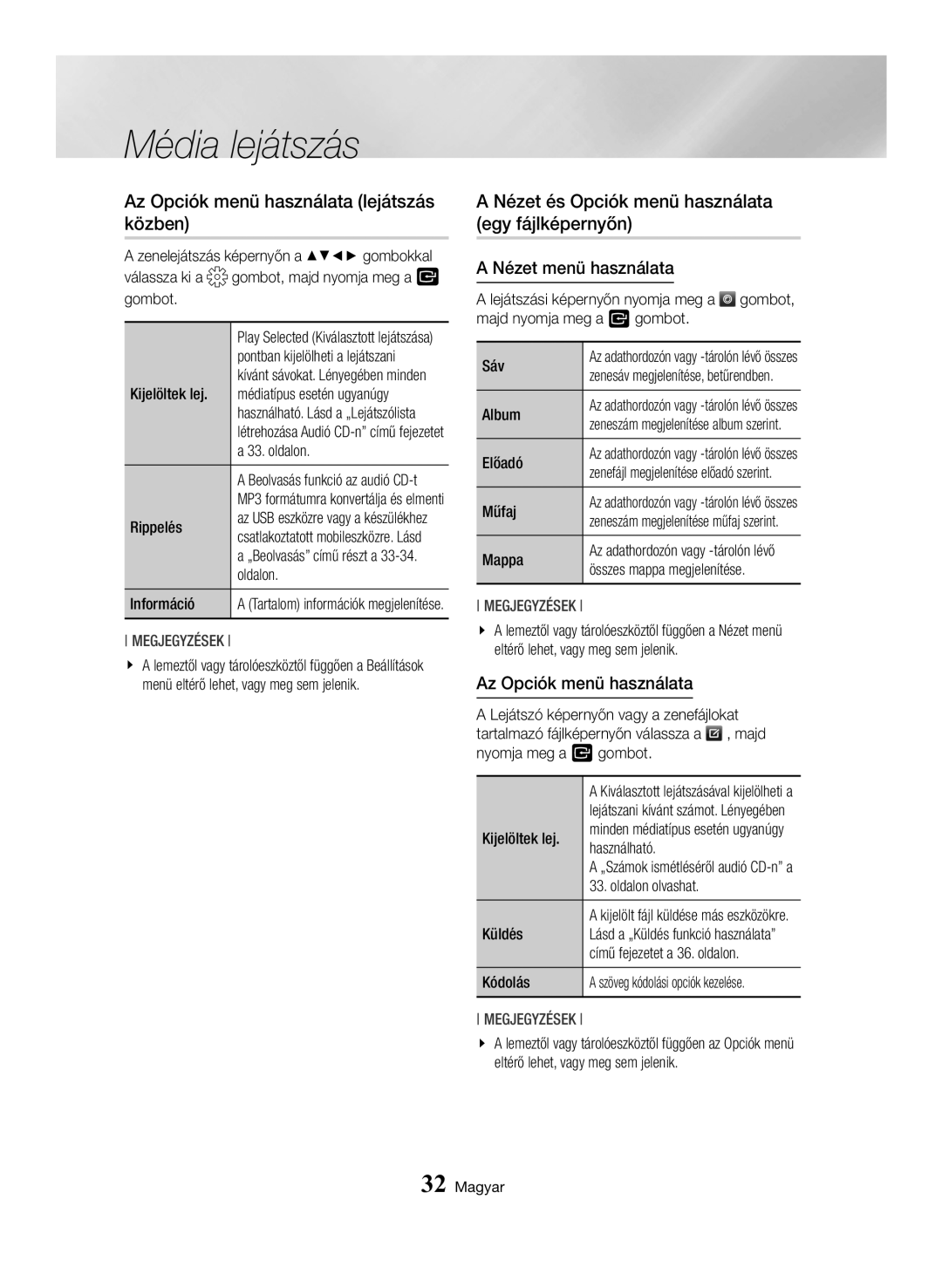 Samsung BD-H6500/EN manual Az Opciók menü használata lejátszás közben, Nézet és Opciók menü használata egy fájlképernyőn 