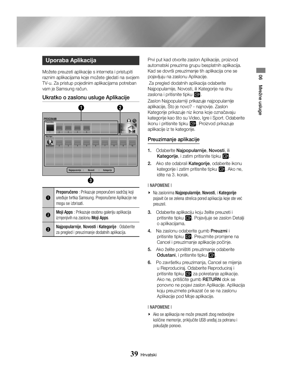 Samsung BD-H6500/EN manual Uporaba Aplikacija, Ukratko o zaslonu usluge Aplikacije, Mogu se izbrisati 