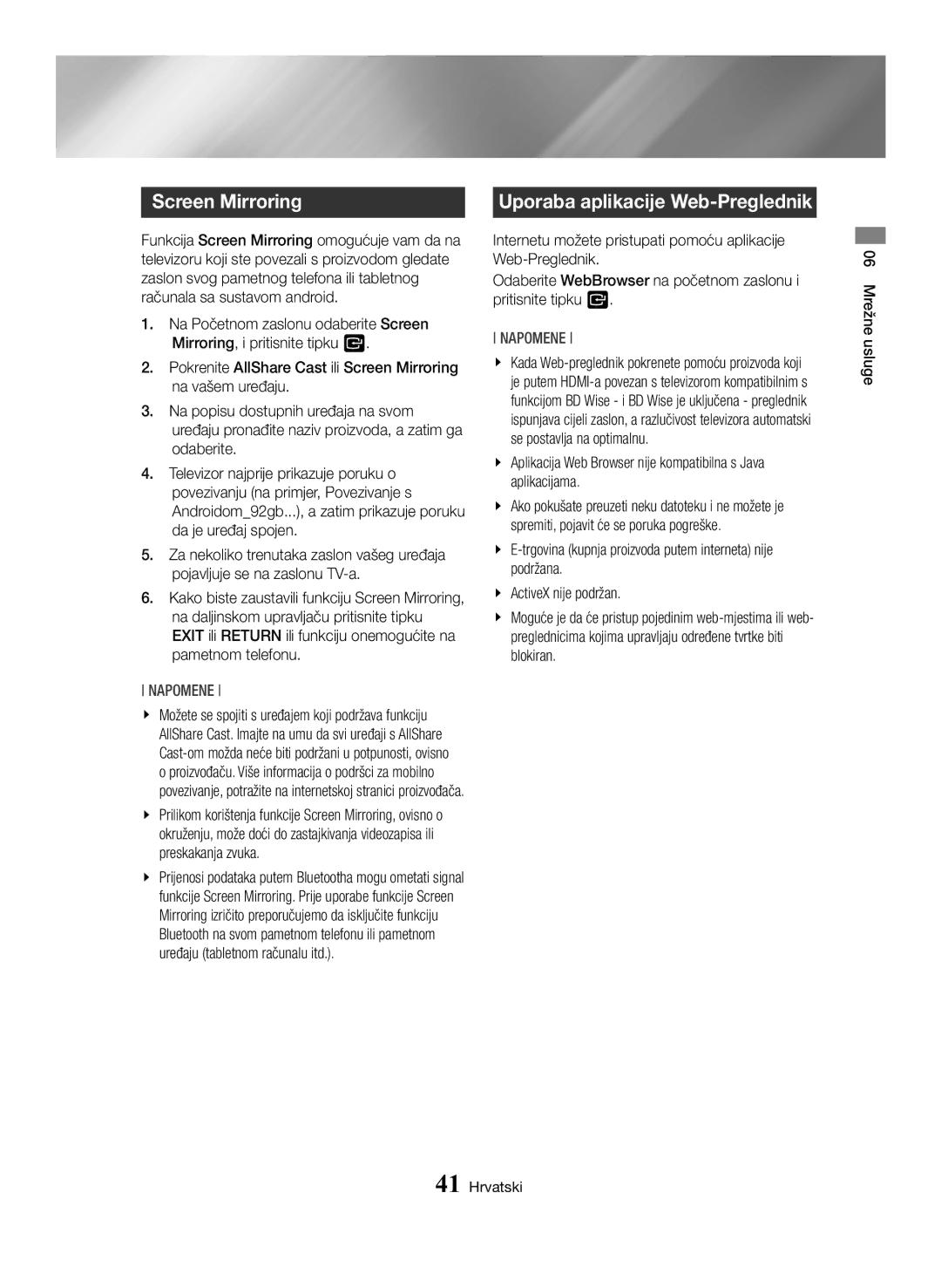 Samsung BD-H6500/EN manual Screen Mirroring, Uporaba aplikacije Web-Preglednik 