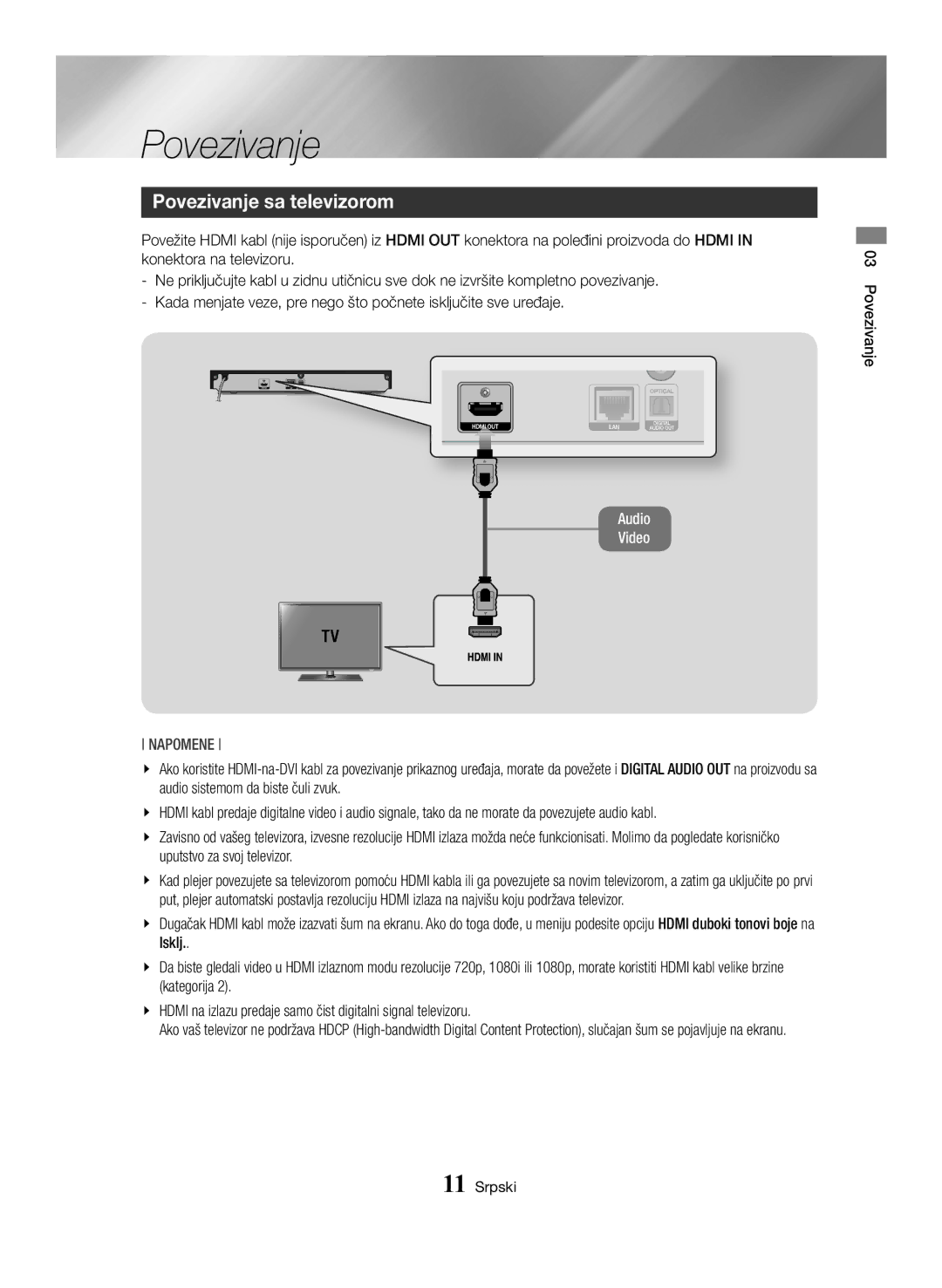 Samsung BD-H6500/EN manual Povezivanje sa televizorom 