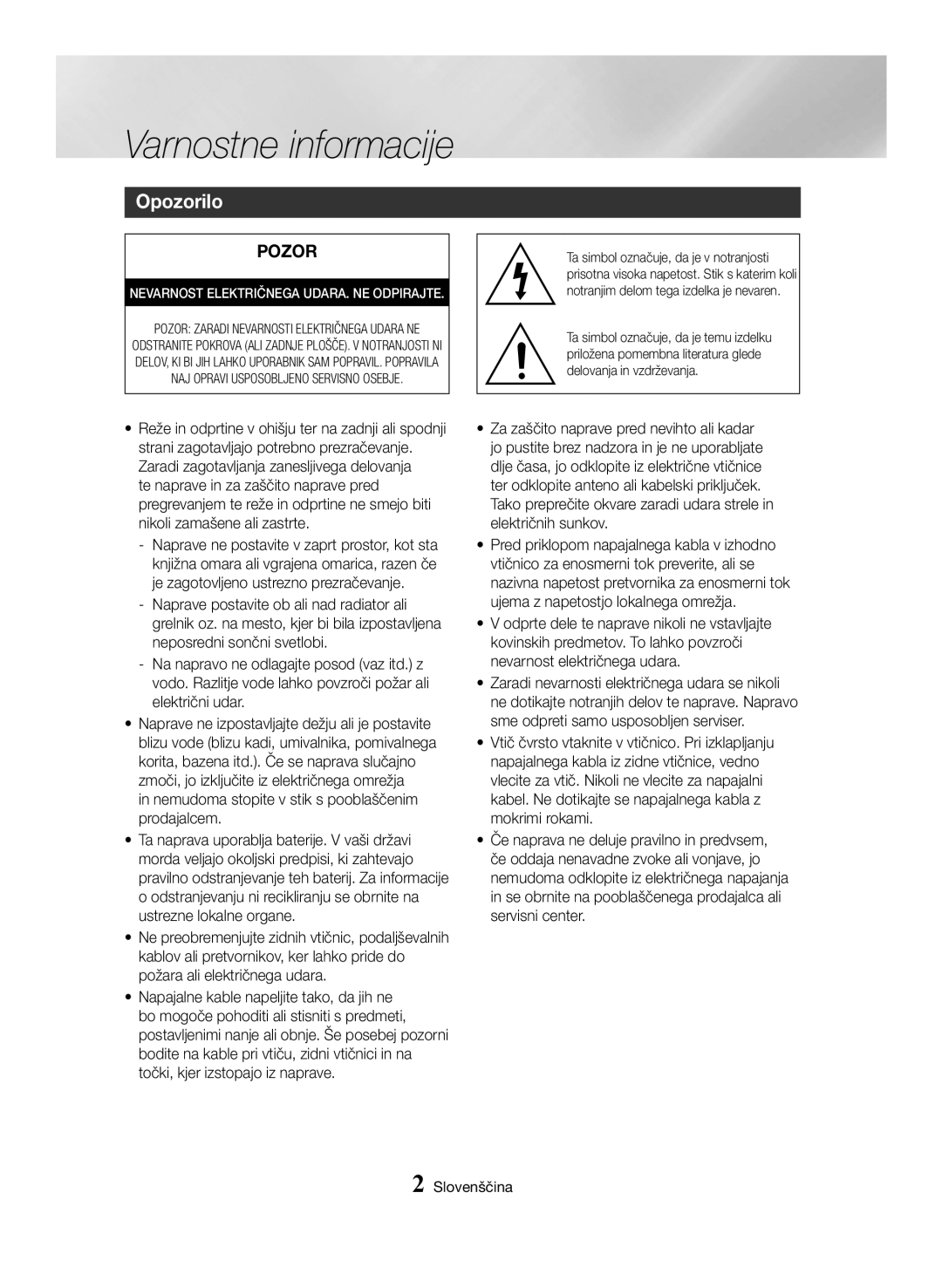 Samsung BD-H6500/EN manual Varnostne informacije, Opozorilo 