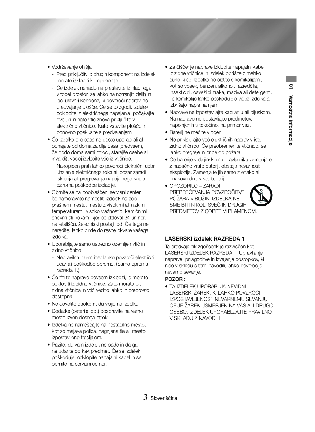 Samsung BD-H6500/EN manual Laserski izdelek Razreda, Baterij ne mečite v ogenj, Pozor 