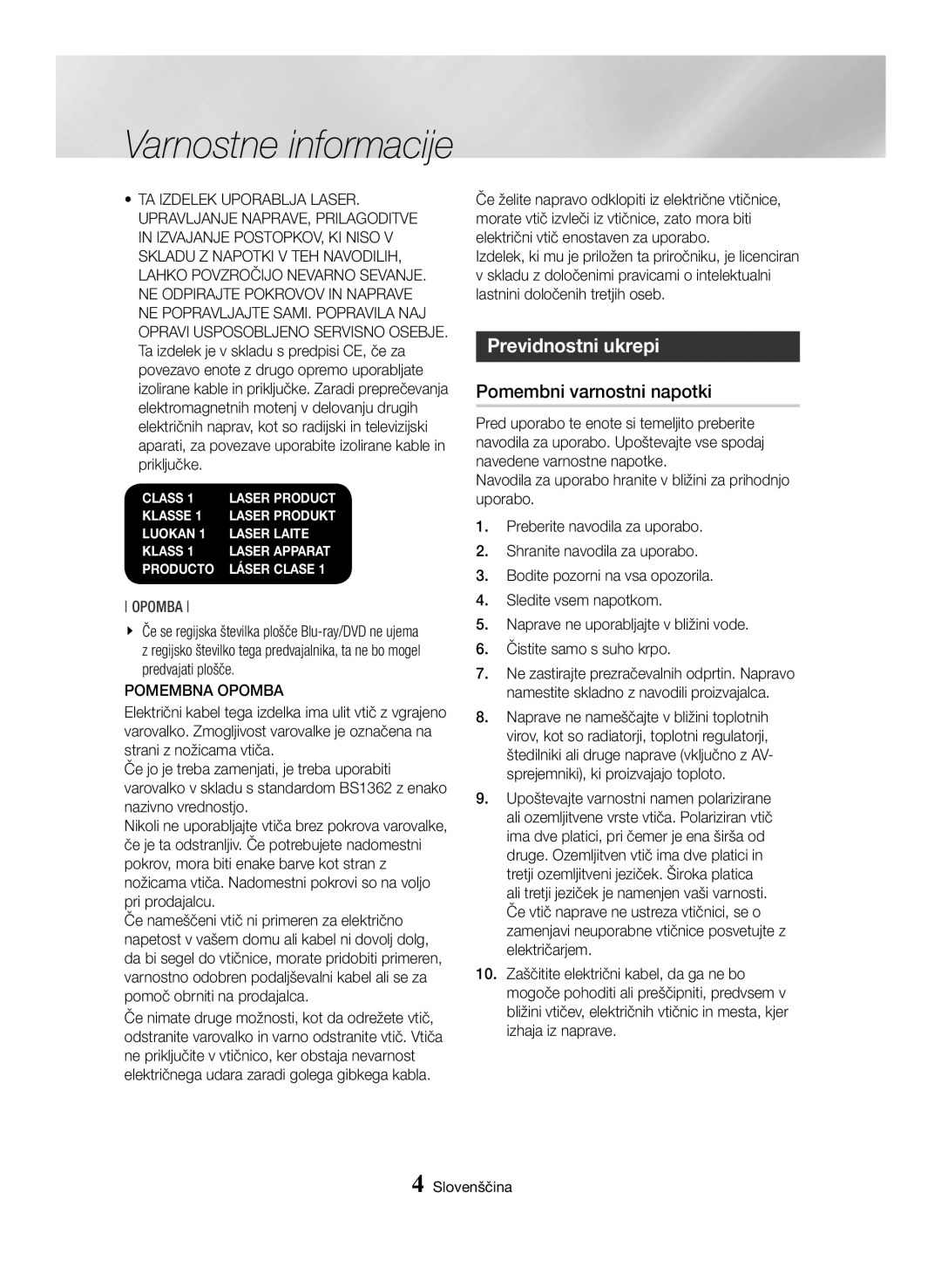 Samsung BD-H6500/EN manual Previdnostni ukrepi, Pomembni varnostni napotki, Pomembna Opomba 