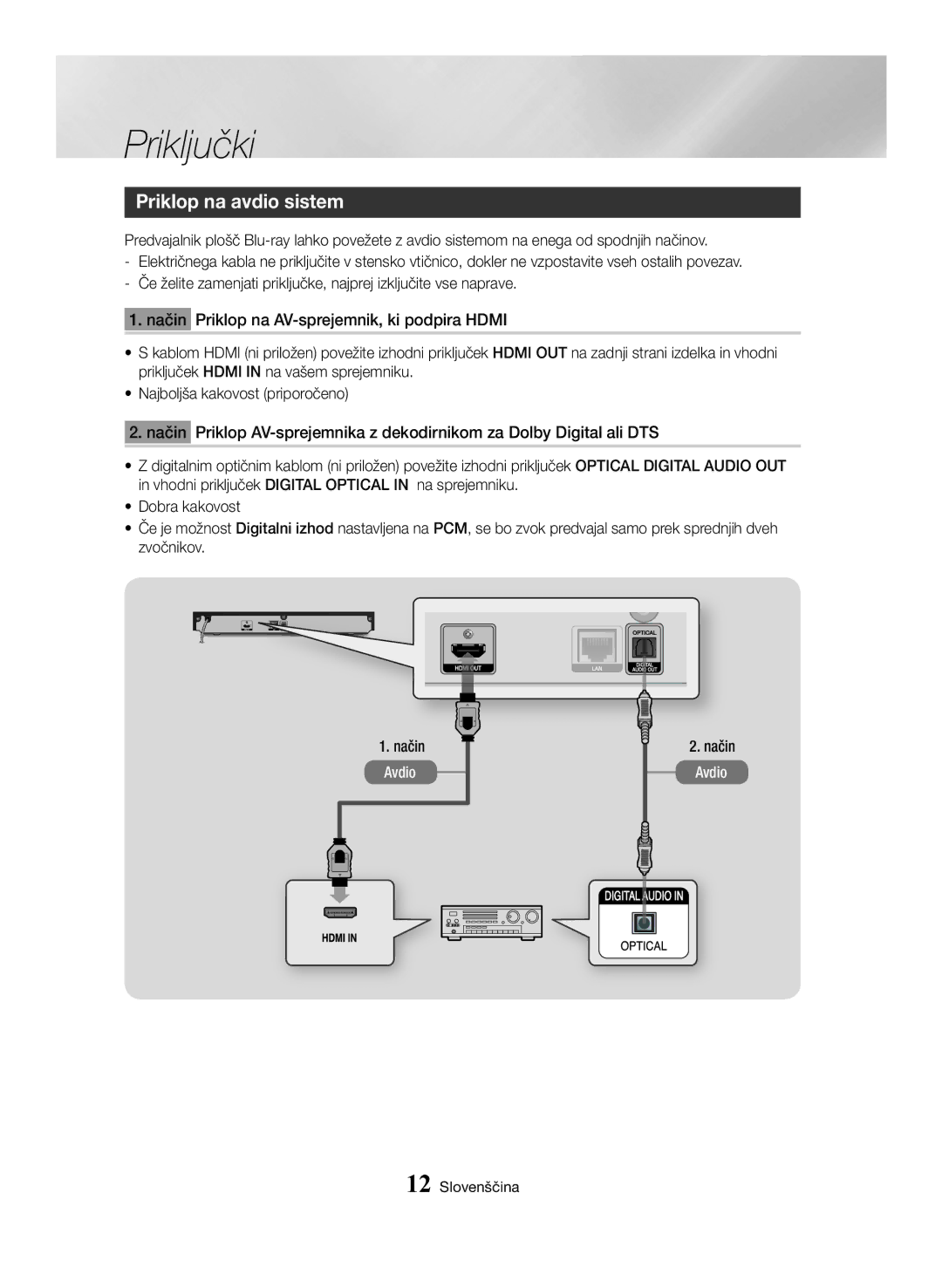 Samsung BD-H6500/EN manual Priklop na avdio sistem, Način Avdio 