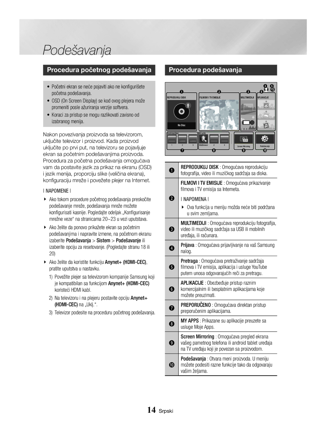 Samsung BD-H6500/EN manual Podešavanja, Procedura početnog podešavanja, Procedura podešavanja 