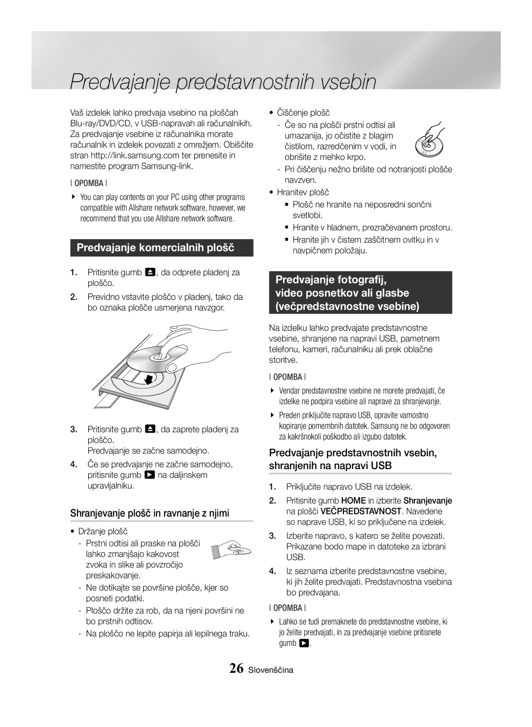 Samsung BD-H6500/EN manual Predvajanje predstavnostnih vsebin, Predvajanje komercialnih plošč 