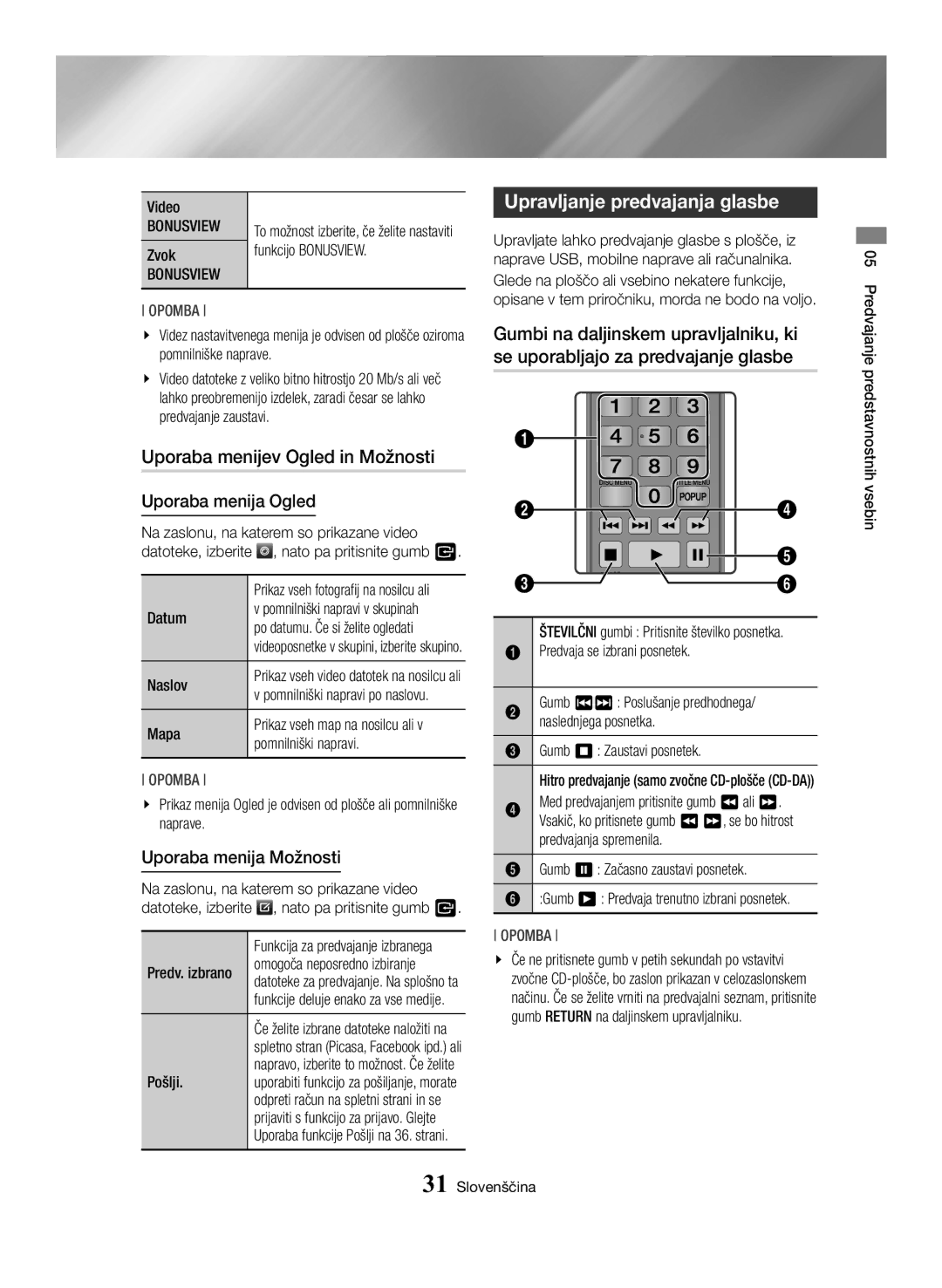 Samsung BD-H6500/EN manual Uporaba menijev Ogled in Možnosti, Upravljanje predvajanja glasbe, Uporaba menija Ogled 