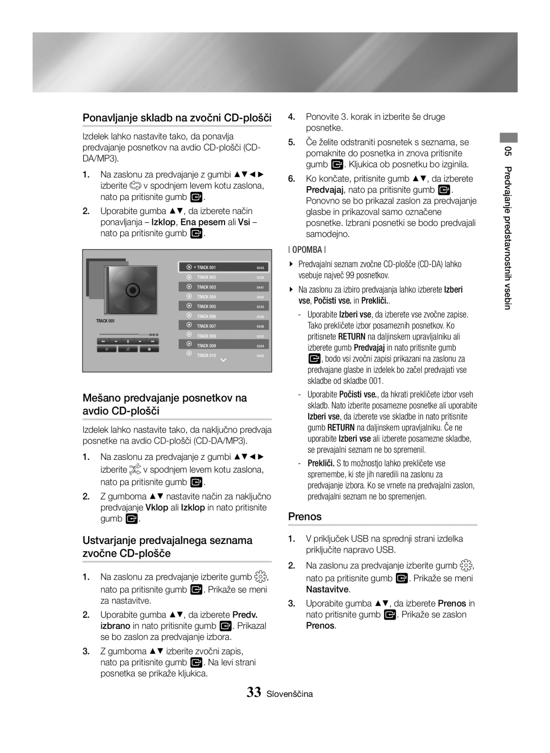 Samsung BD-H6500/EN manual Ponavljanje skladb na zvočni CD-plošči, Mešano predvajanje posnetkov na avdio CD-plošči, Prenos 