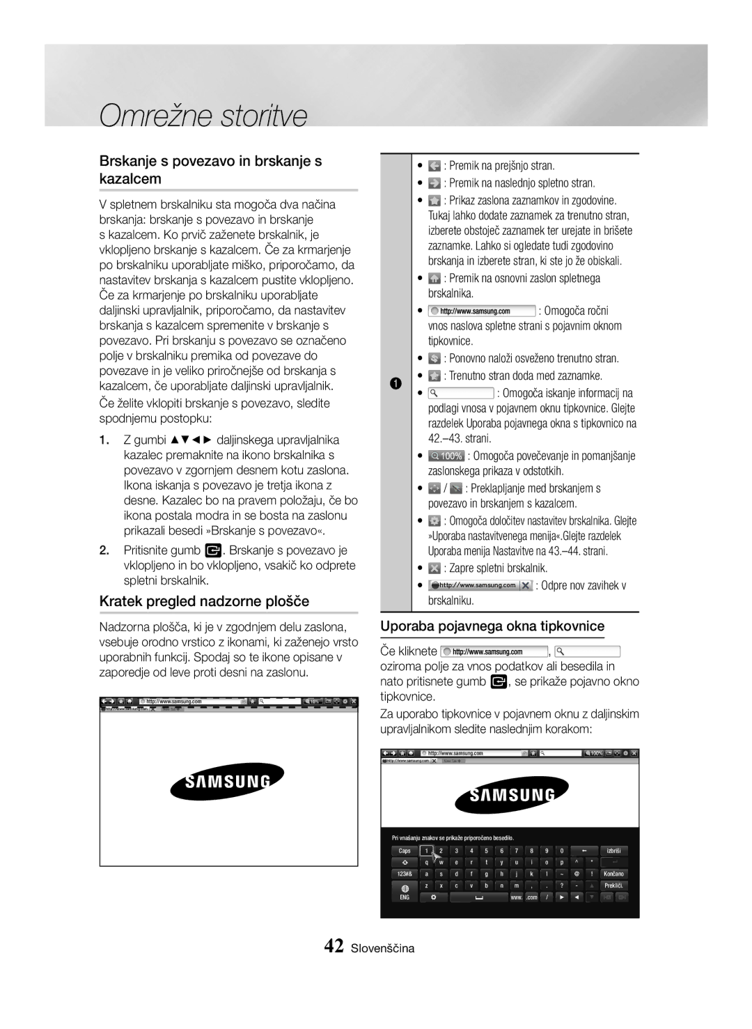 Samsung BD-H6500/EN manual Brskanje s povezavo in brskanje s kazalcem, Kratek pregled nadzorne plošče 