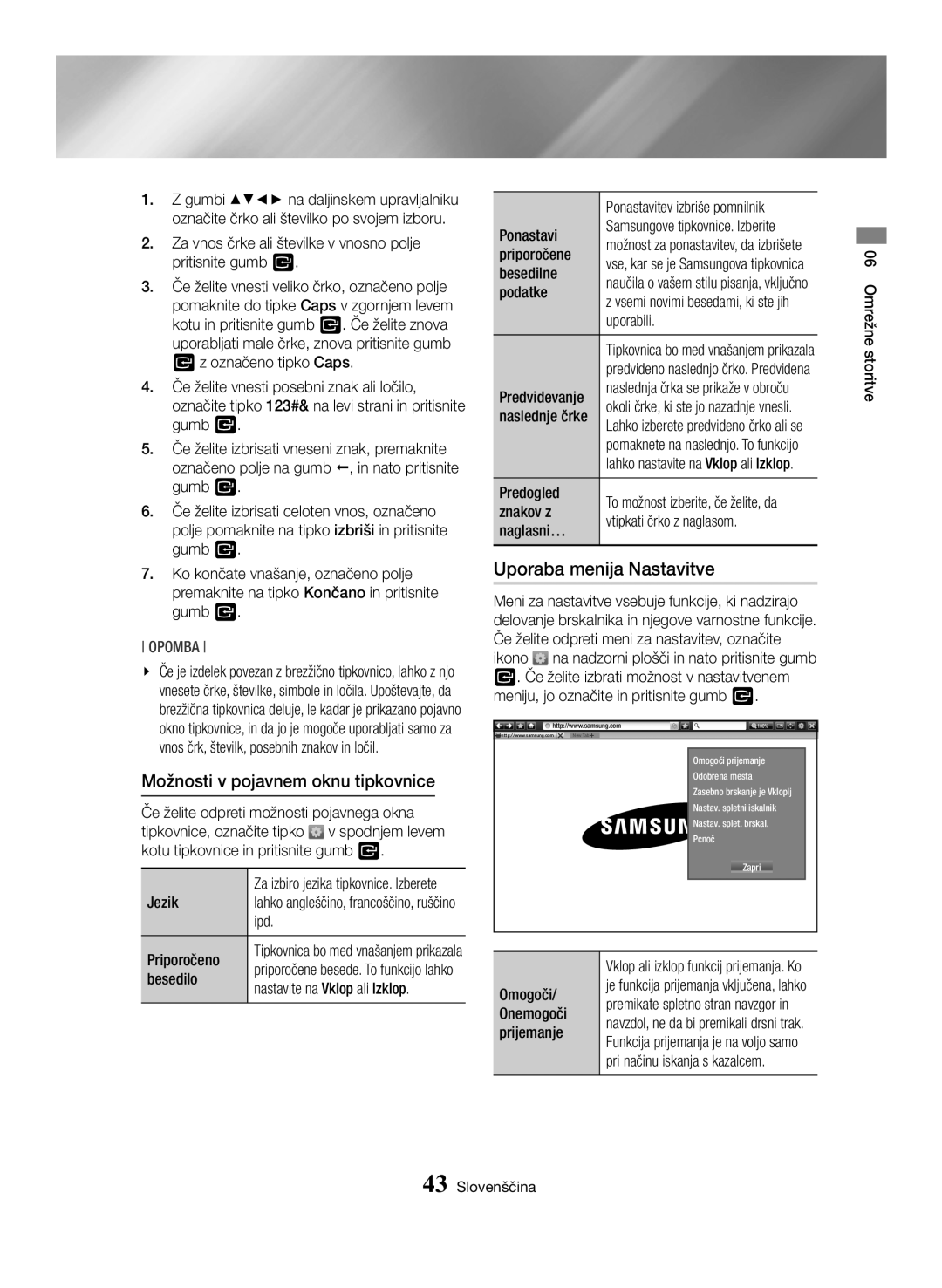 Samsung BD-H6500/EN manual Uporaba menija Nastavitve, Možnosti v pojavnem oknu tipkovnice 