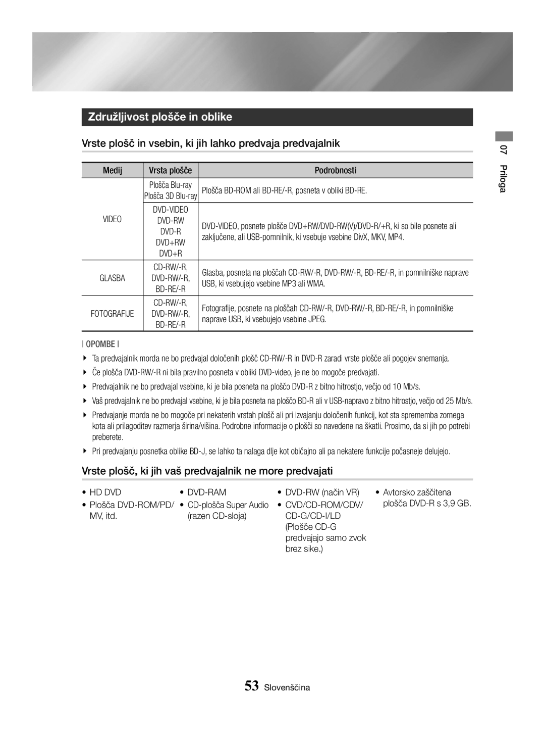 Samsung BD-H6500/EN manual Združljivost plošče in oblike, Vrste plošč in vsebin, ki jih lahko predvaja predvajalnik 