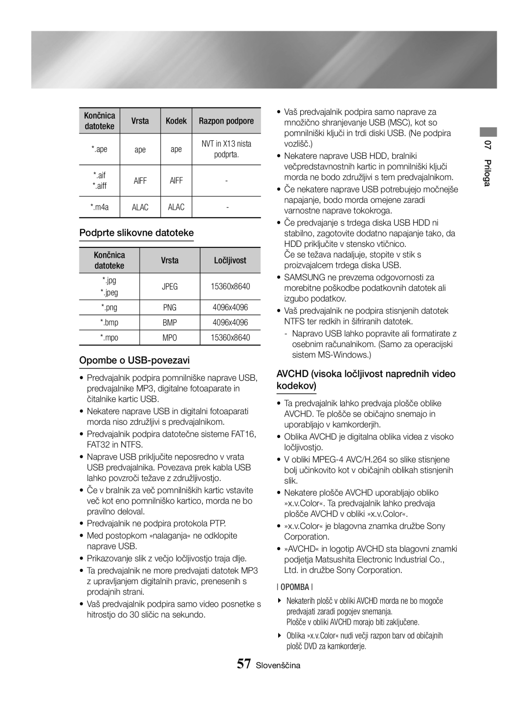 Samsung BD-H6500/EN Podprte slikovne datoteke, Opombe o USB-povezavi, Avchd visoka ločljivost naprednih video kodekov 