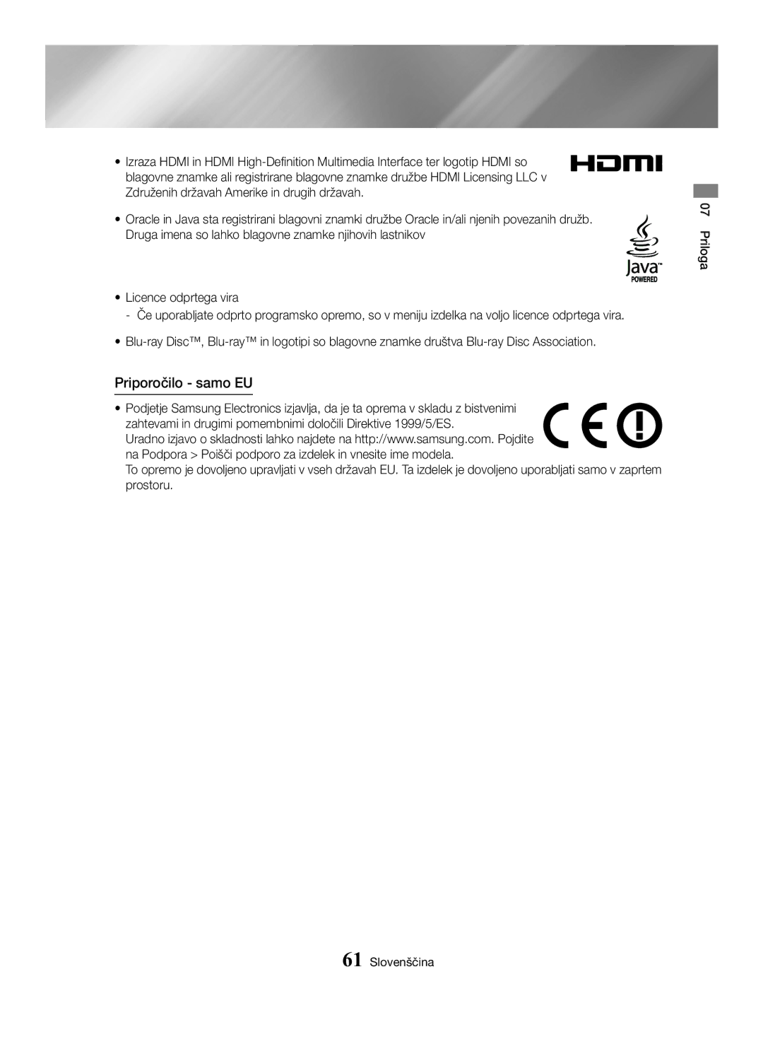 Samsung BD-H6500/EN manual Priporočilo samo EU 