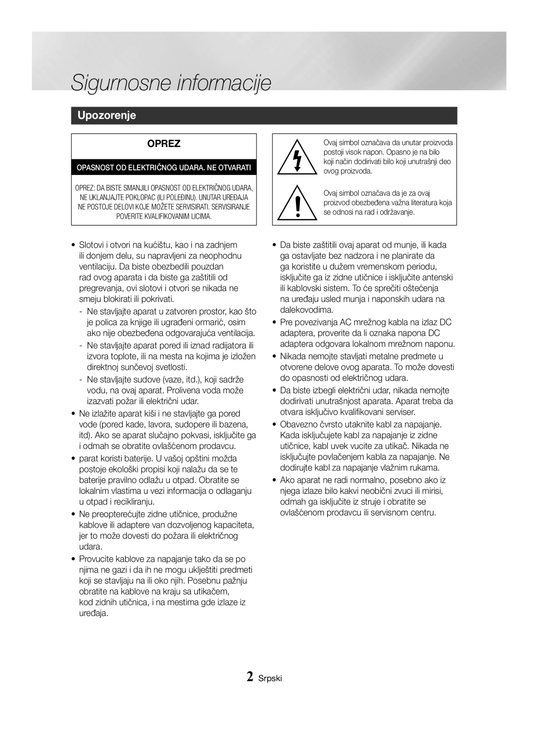 Samsung BD-H6500/EN manual Sigurnosne informacije, Upozorenje, Odmah se obratite ovlašćenom prodavcu 