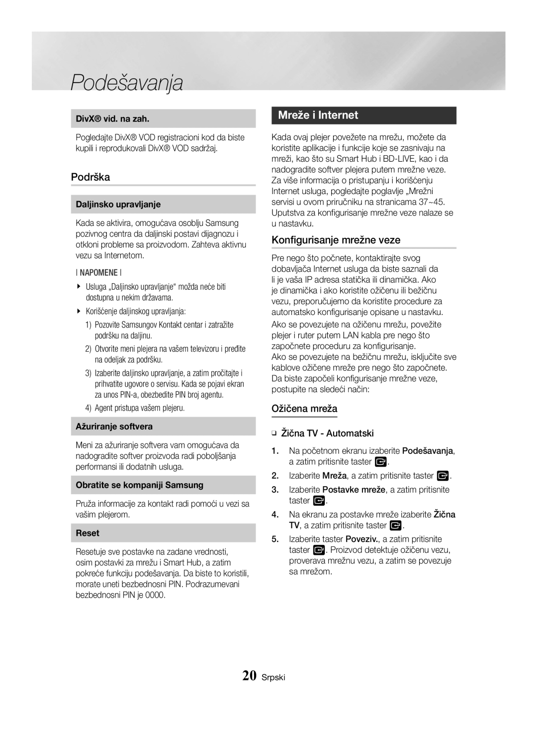 Samsung BD-H6500/EN manual Podrška, Mreže i Internet, Konfigurisanje mrežne veze, Ožičena mreža 