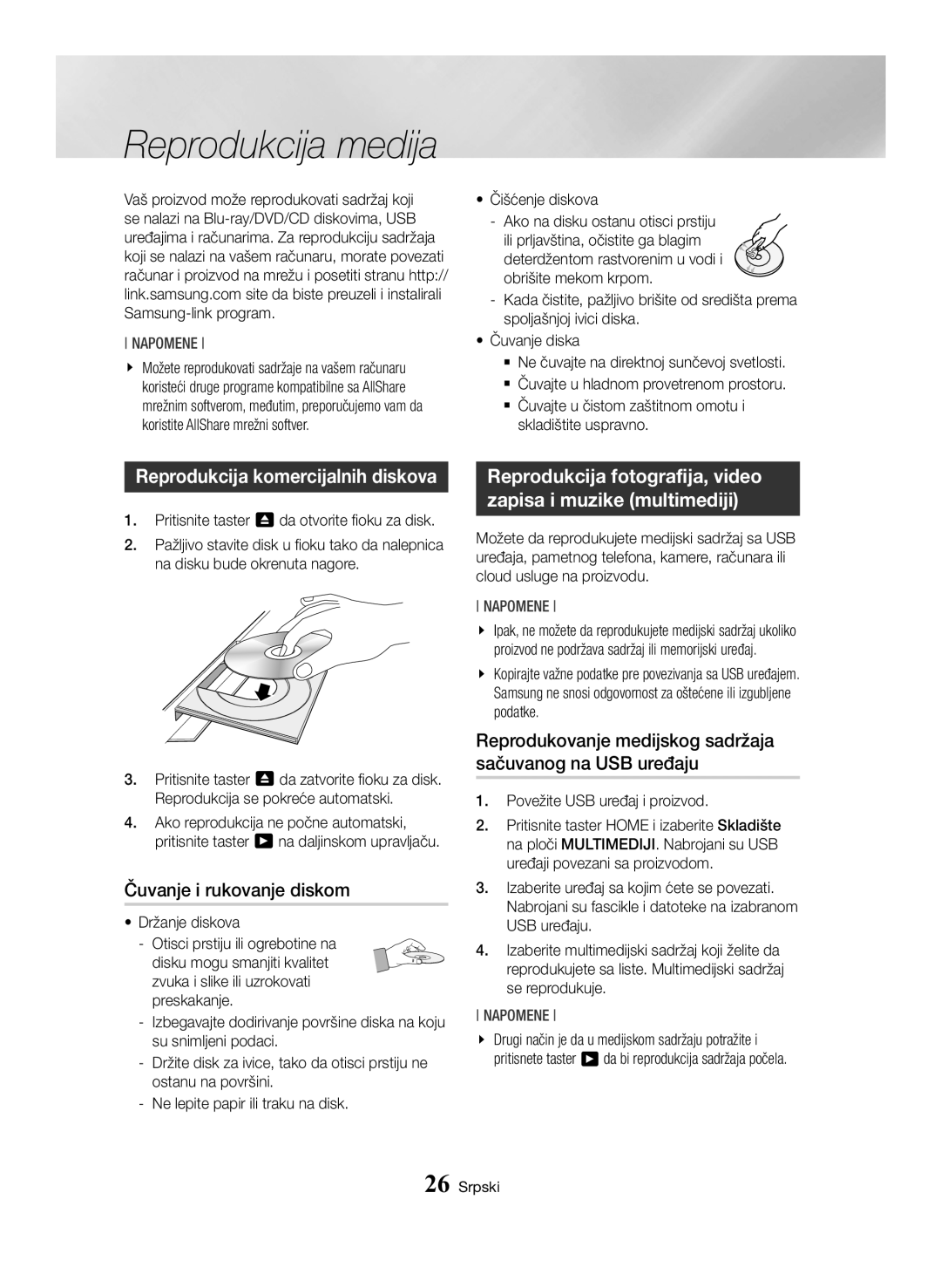 Samsung BD-H6500/EN manual Reprodukcija komercijalnih diskova, Čuvanje i rukovanje diskom 