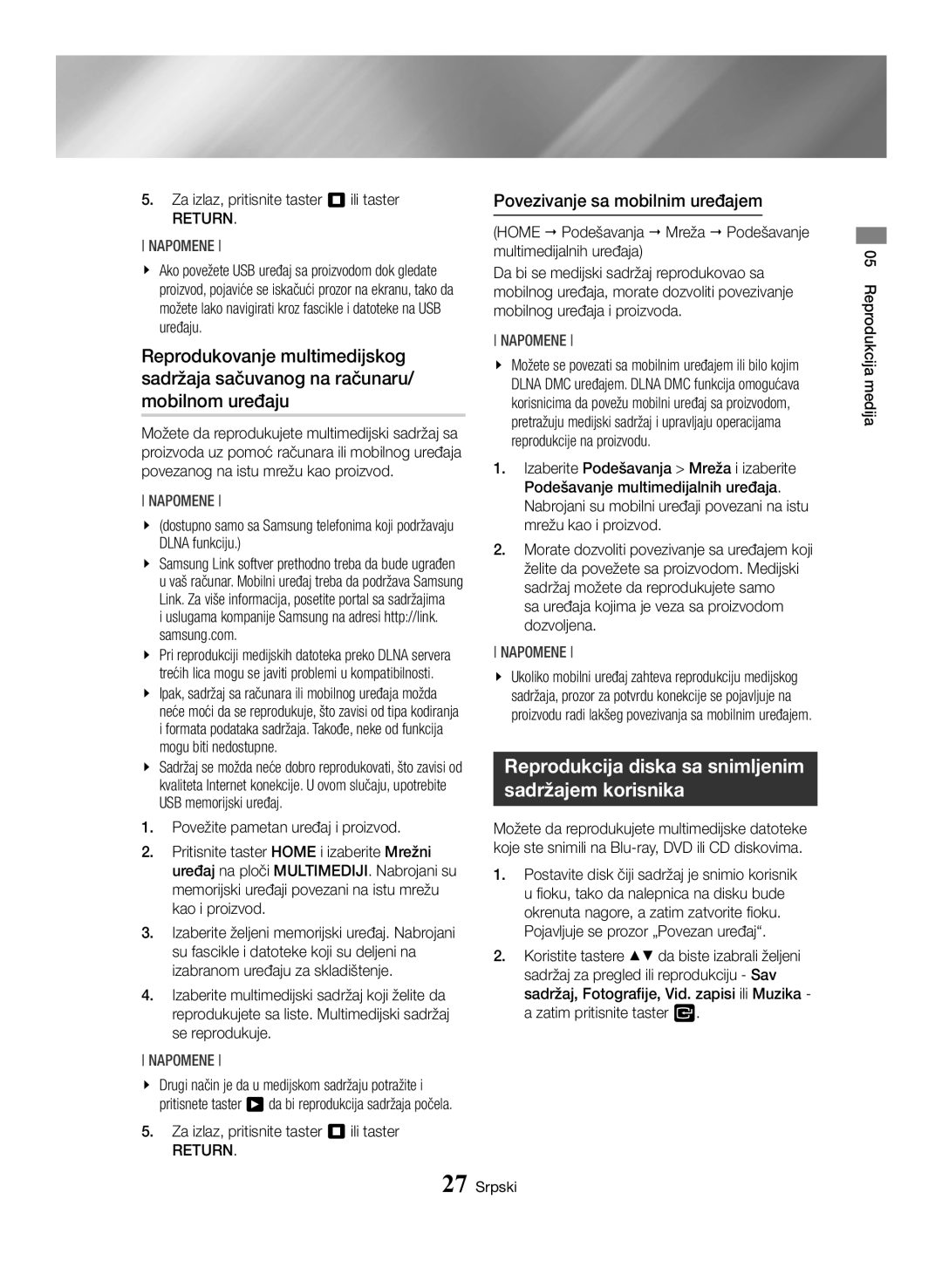 Samsung BD-H6500/EN manual Reprodukcija diska sa snimljenim sadržajem korisnika, Povezivanje sa mobilnim uređajem, Return 