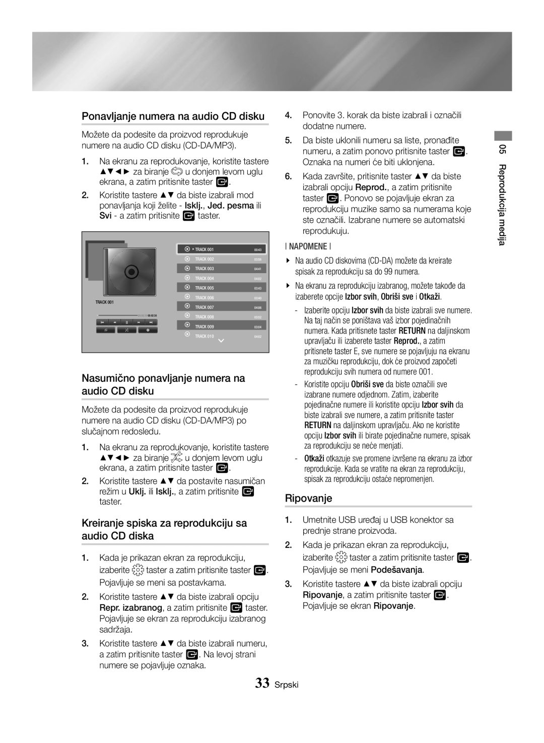 Samsung BD-H6500/EN manual Ponavljanje numera na audio CD disku, Nasumično ponavljanje numera na audio CD disku, Ripovanje 