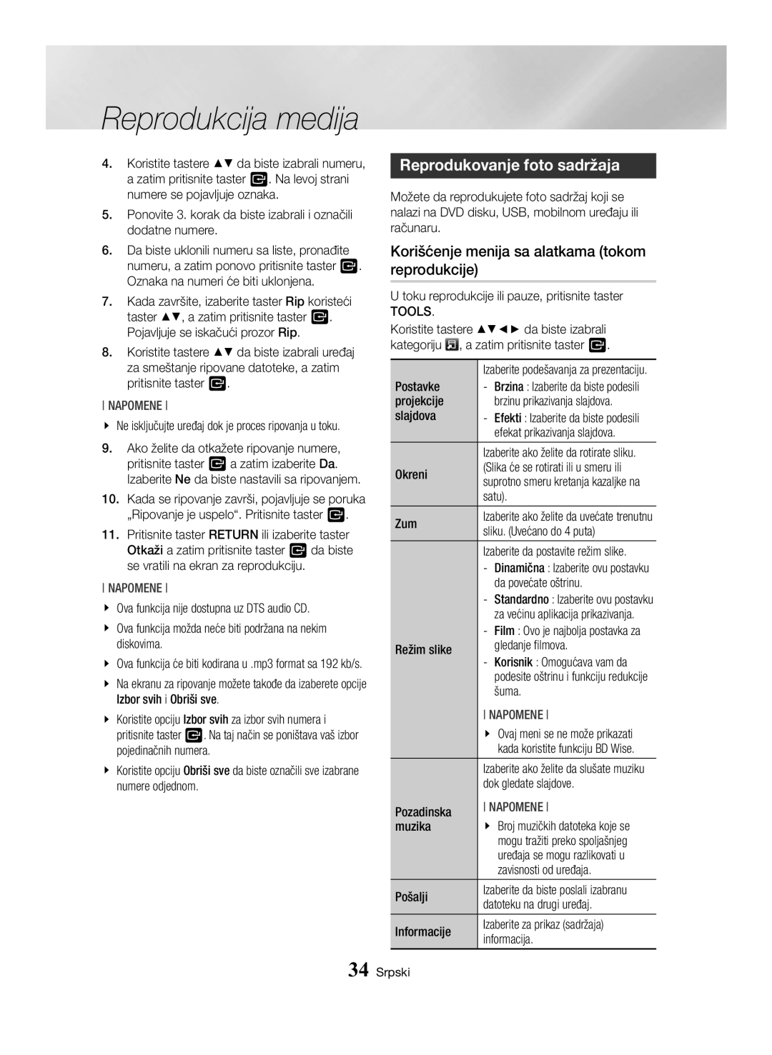 Samsung BD-H6500/EN manual Reprodukovanje foto sadržaja, Korišćenje menija sa alatkama tokom reprodukcije 