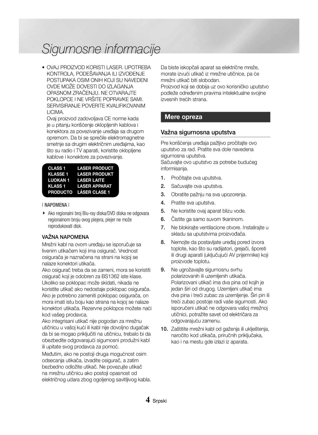 Samsung BD-H6500/EN manual Mere opreza, Važna sigurnosna uputstva, Važna Napomena 