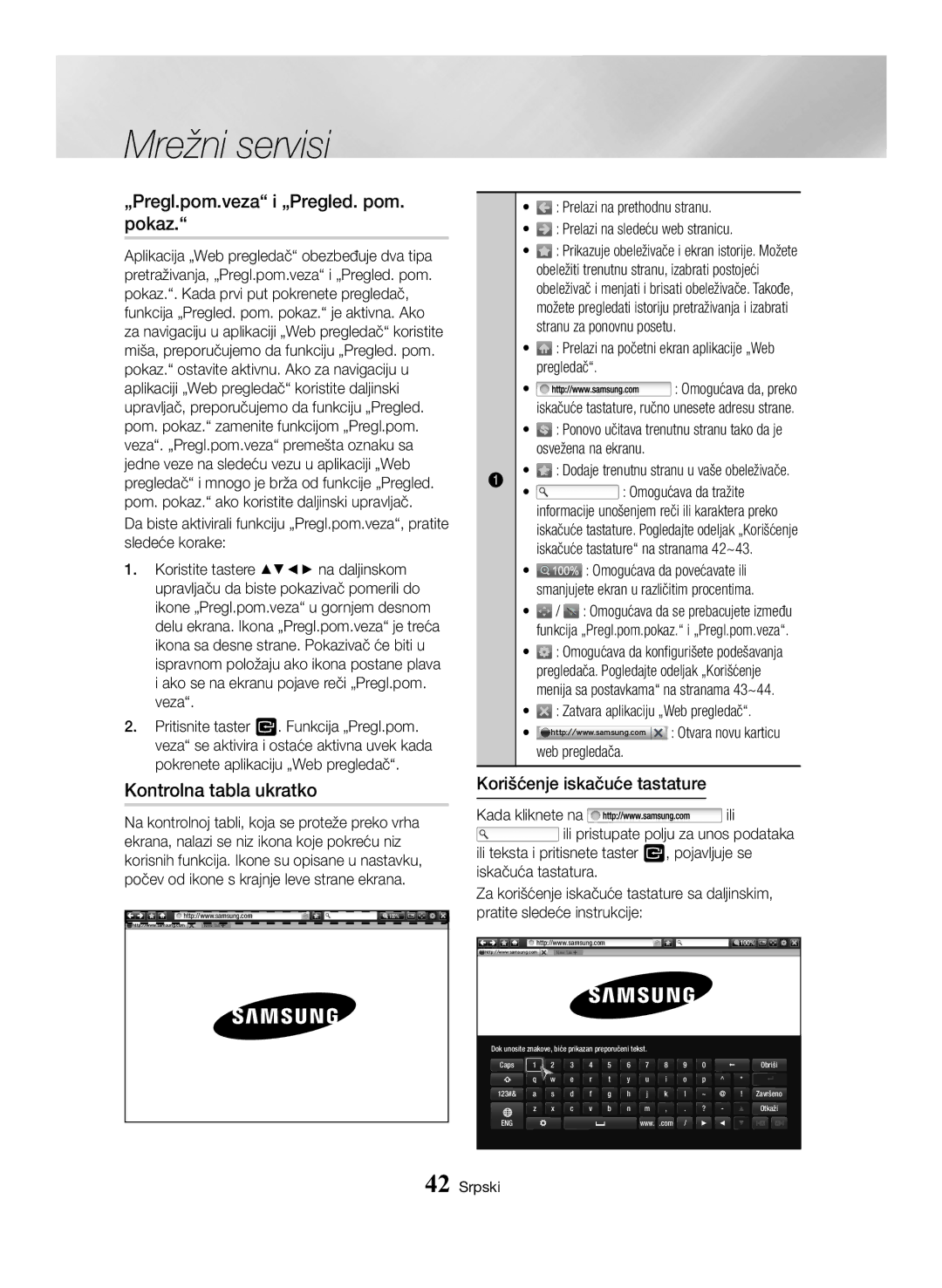 Samsung BD-H6500/EN manual „Pregl.pom.veza i „Pregled. pom. pokaz, Kontrolna tabla ukratko, Korišćenje iskačuće tastature 