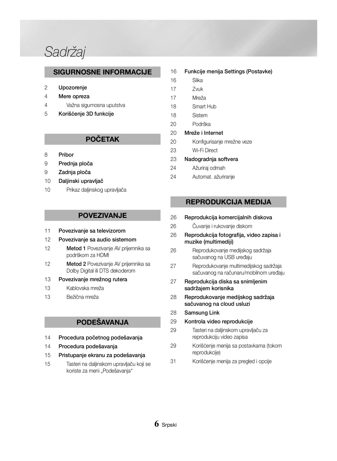 Samsung BD-H6500/EN manual Sadržaj, Povezivanje mrežnog rutera Kablovska mreža 13 Bežična mreža 