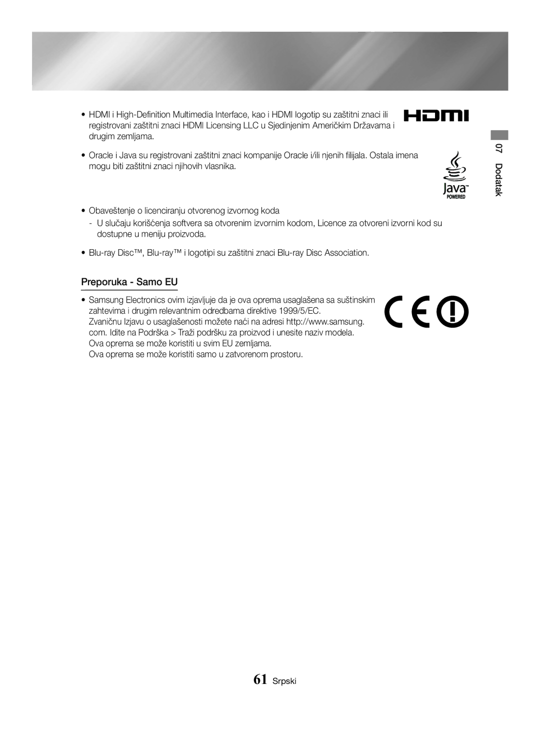 Samsung BD-H6500/EN manual Preporuka Samo EU, Ova oprema se može koristiti samo u zatvorenom prostoru 