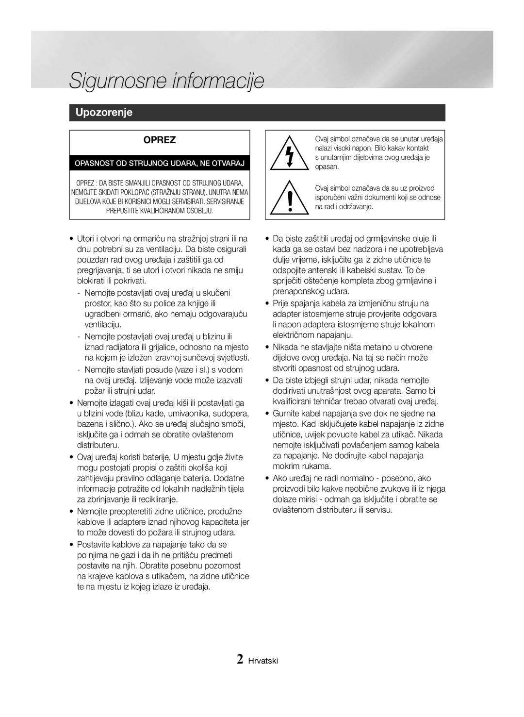 Samsung BD-H6500/EN manual Opasnost OD Strujnog UDARA, NE Otvaraj 