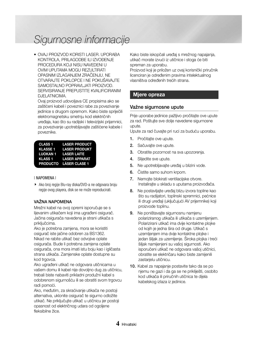 Samsung BD-H6500/EN manual Mjere opreza, Važne sigurnosne upute 